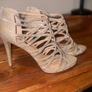 INC International Concepts Rhinestone Open Toe Heels Gold 9.5M Glam Dates Formal